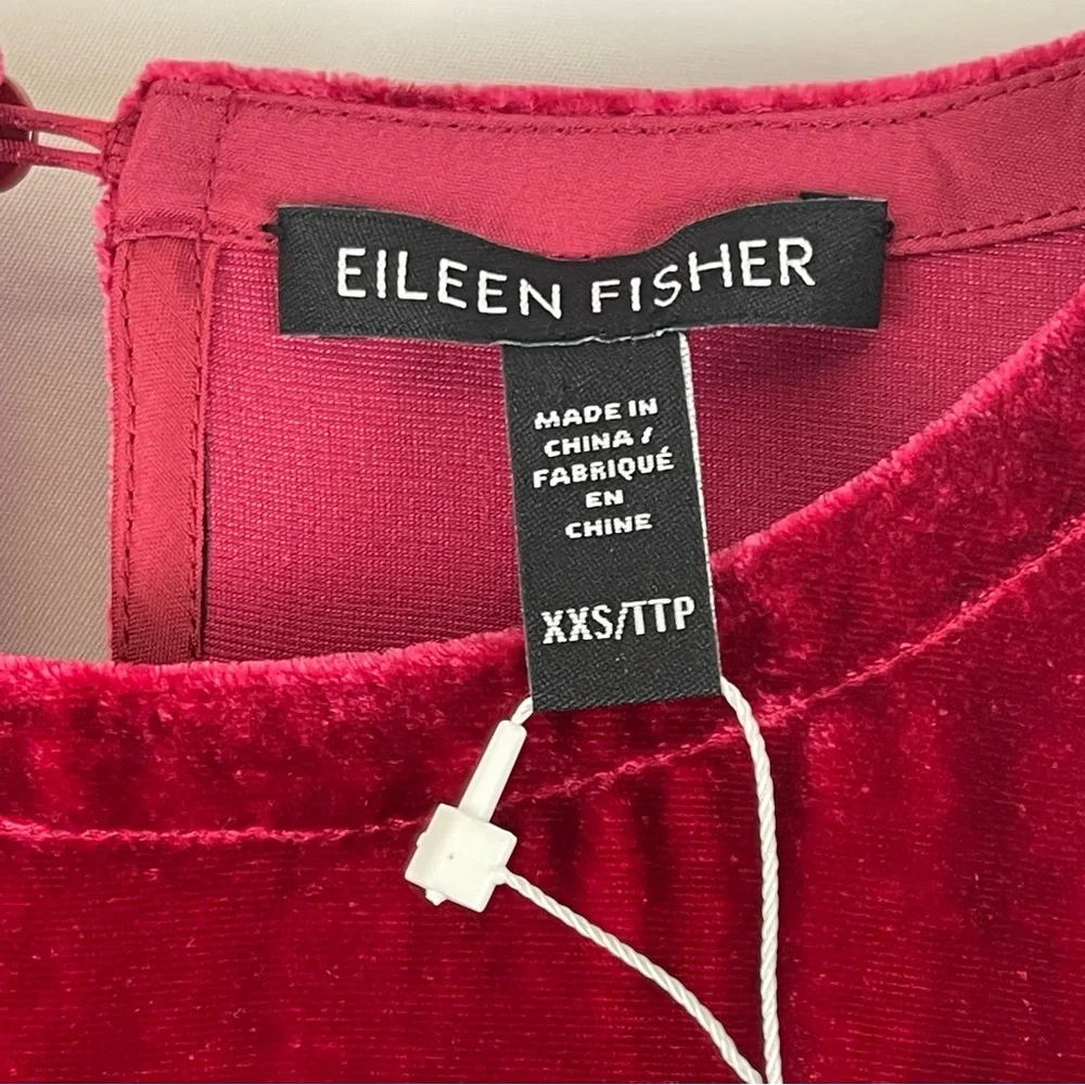 Eileen Fisher Velvet Shift Dress‎ Red Long Sleeve Keyhole Back Silk XXS NEW